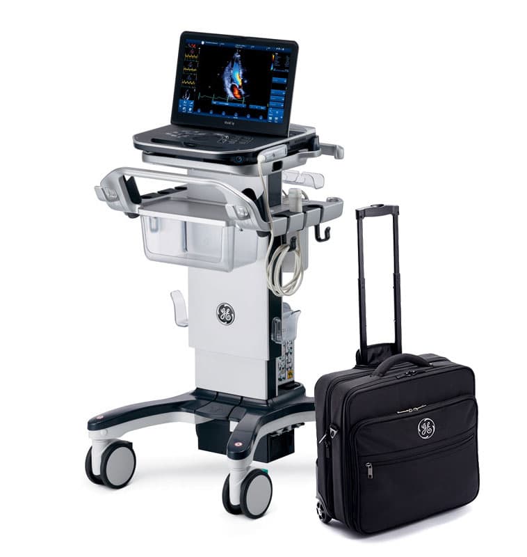 Portable echocardiography machine - laptop style on base support